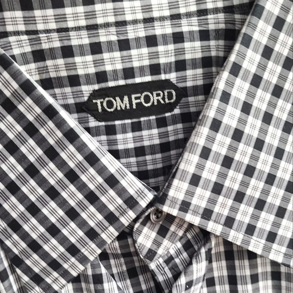 TOM FORD ▪️Cotton Plaid Dress Shirt - Size 46/18, Black/White - Picture 4 of 8